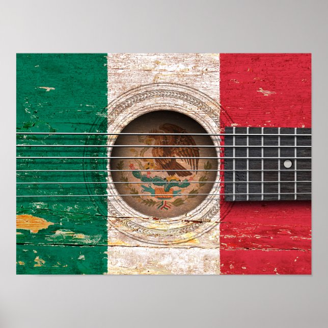 Mexican Flag on Old Acoustic Guitar Poster (Front)