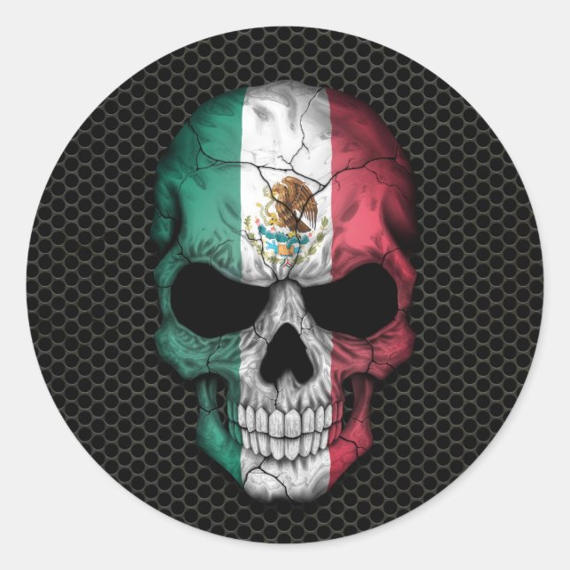 Mexican Flag Skull on Steel Mesh Graphic Classic Round Sticker (Front)