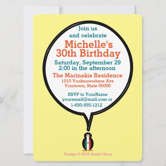 Mexican Flag Talking Ms. Penguin Birthday Invitation (Front)