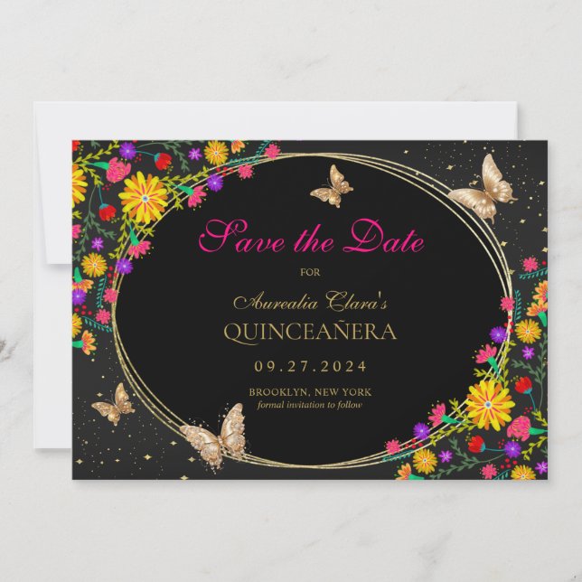 Mexican Floral Black Gold Butterfly Quinceanera Save The Date (Front)