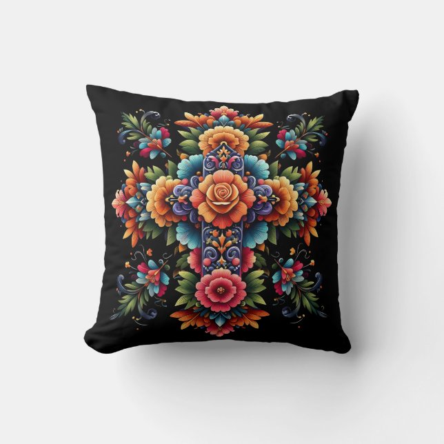 Mexican Floral Cross Design  Cushion (Front)