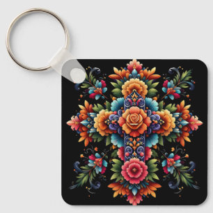 Mexican Floral Cross Design Key Ring