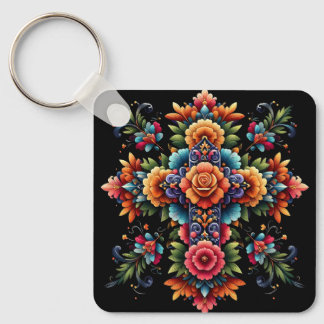 Mexican Floral Cross Design  Key Ring