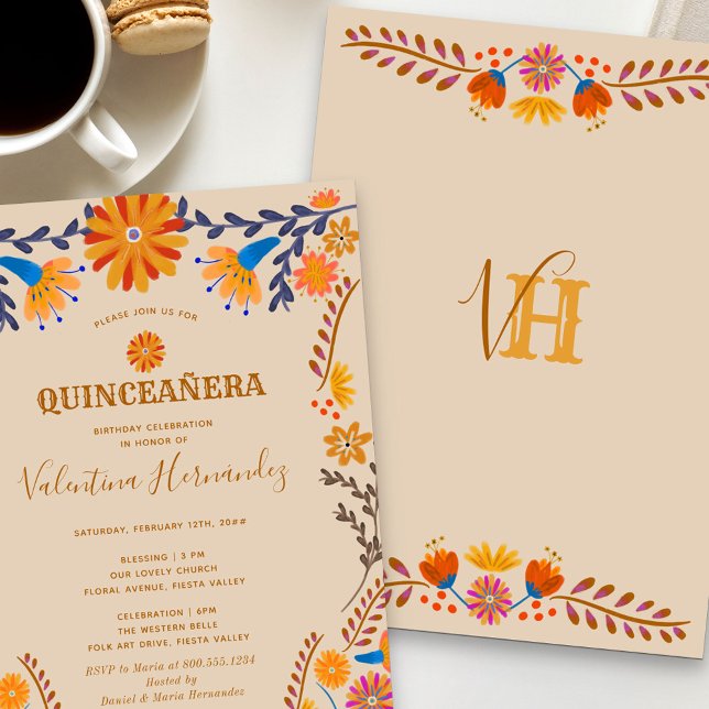 Mexican Floral Earthy Western Quinceanera and Mass Invitation (Quince's monogram on the back)