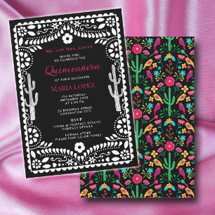 Mexican Floral Fiesta Pink Black Quinceañera Invitation