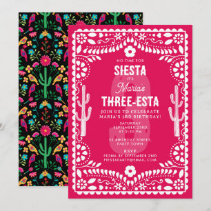 Mexican Floral Fiesta Pink Three-Esta 3rd Birthday Invitation