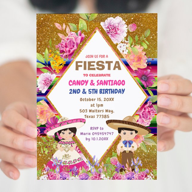  Mexican Floral Fiesta Sibling Combined Birthday  Invitation (Creator Uploaded)
