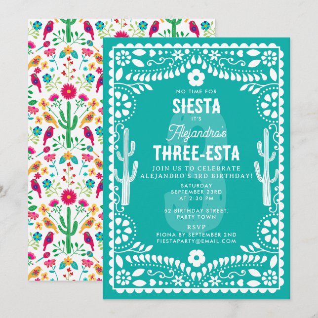Mexican Floral Fiesta Teal Three-Esta 3rd Birthday Invitation (Front/Back)