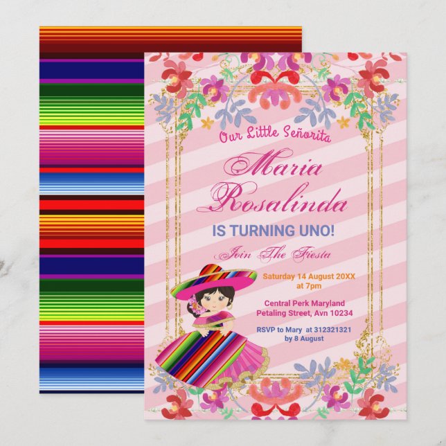 Mexican Floral Girl Fiesta 1st birthday  Invitation (Front/Back)
