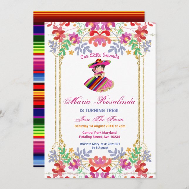 Mexican Floral Girl Fiesta Tres Birthday Invitation (Front/Back)