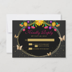 Mexican Floral Gold Tiara Butterfly Quinceañera RSVP Card