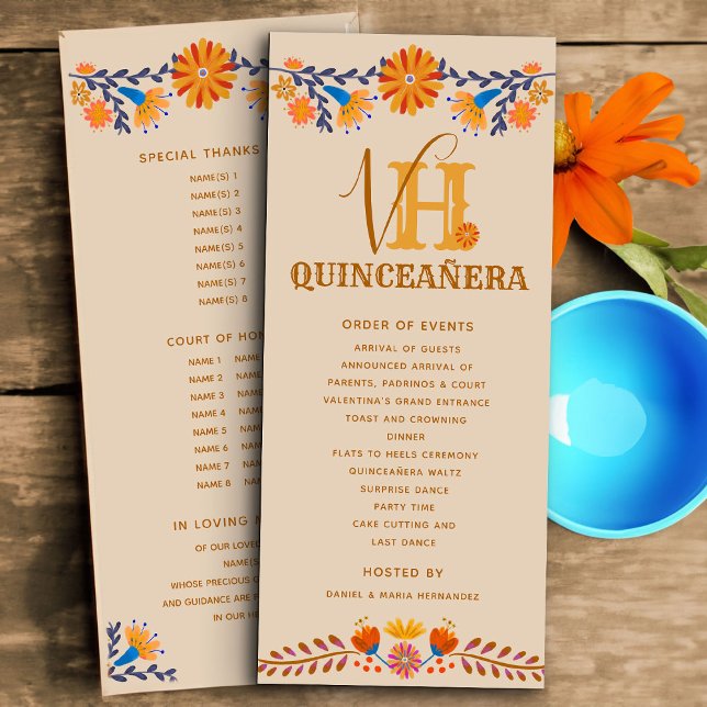 Mexican Floral Monogrammed Western Quinceanera Program (Monogrammed programs for Quinceanera or other occasion with western boho mexican floral design)