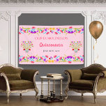 Mexican Floral Pink Quinceanera Birthday Party Banner<br><div class="desc">Pretty Pink Quinceañera Banner which you can personalise for your quinceanera birthday party. This vibrant Mexican Fiesta theme has beautiful borders of Folk Art flowers. This pink party banner has a fresh and cheerful colour palette of pink, purple, blue green and yellow, whilst the handwritten lettering has a carefree, bouncy...</div>