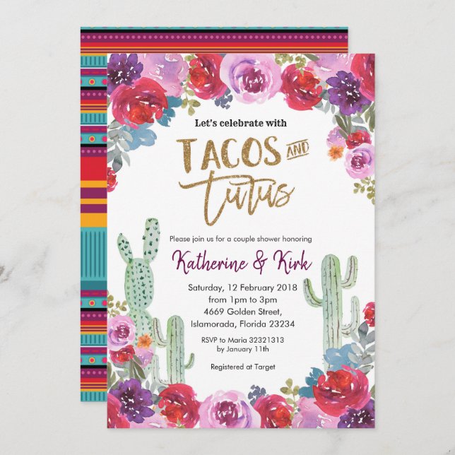 Mexican Floral Tacos and Tutus Couple Shower Invitation (Front/Back)