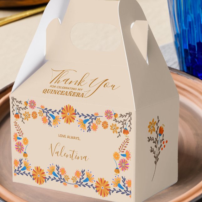 Mexican Floral Western Earth Tone Thank You Script Favour Box (Favor Boxes for Quinceanera or other occasion with western boho mexican floral design)