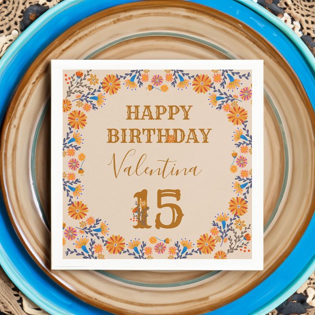 Mexican Floral Western Happy Birthday Editable Age Napkin (Personalized Happy Birthday napkins with editable age from my mexical floral collection)