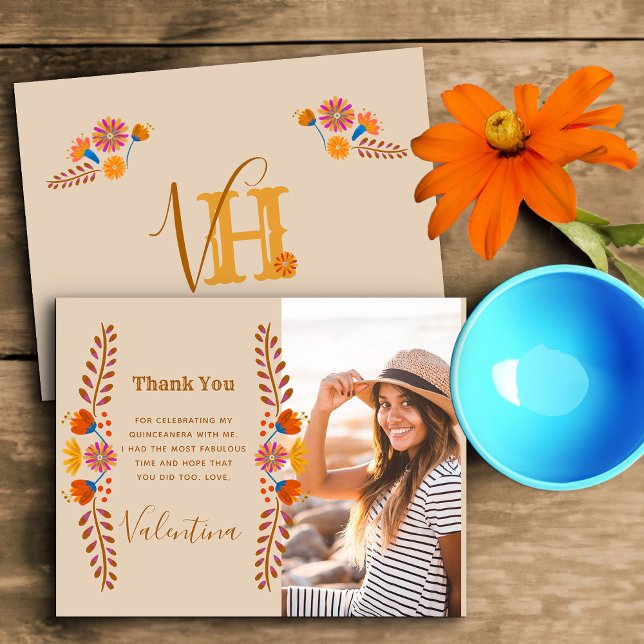 Mexican Floral Western Typography Monogram Photo Thank You Card (Monogrammed photo thank you card from my mexican floral collection)