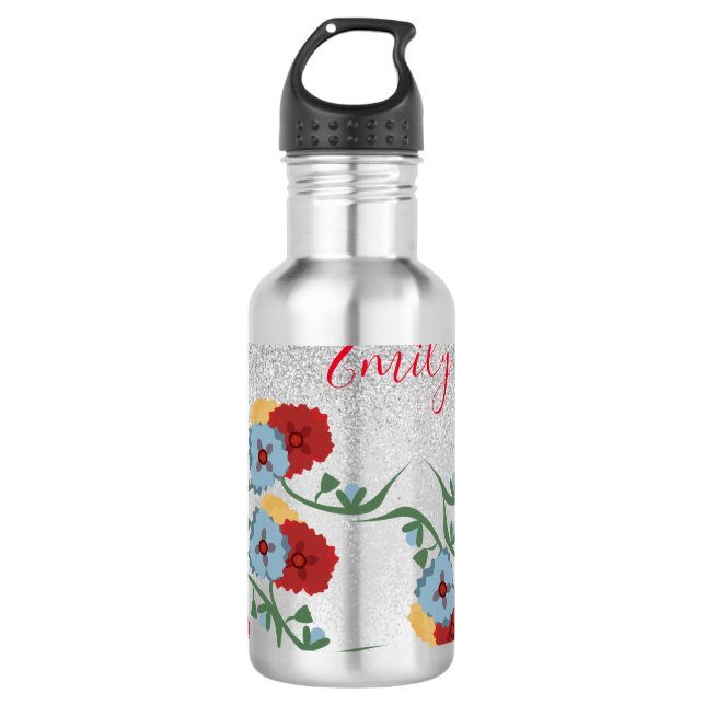 Mexican Florals Green Sparkle Monogrammed Name   710 Ml Water Bottle (Front)