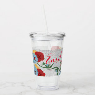 Mexican Florals Green Sparkle Monogrammed Name Acrylic Tumbler