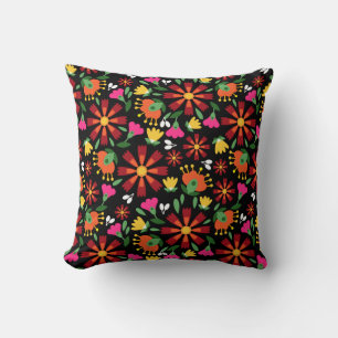 Mexican flower embroidery on black cushion