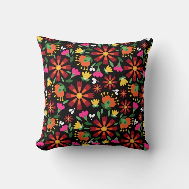 Mexican flower embroidery on black cushion (Front)