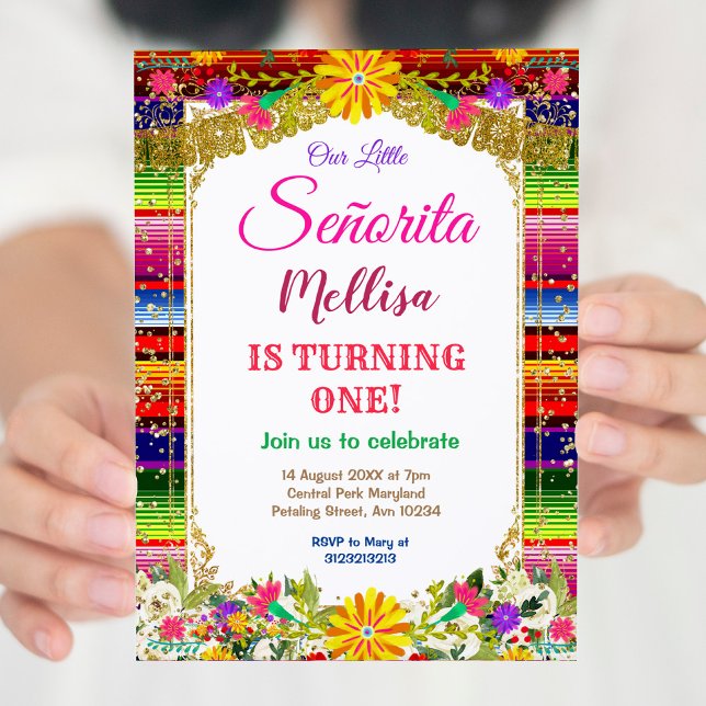 Mexican Flower Gold Glitter Girl Fiesta Birthday Invitation (Creator Uploaded)