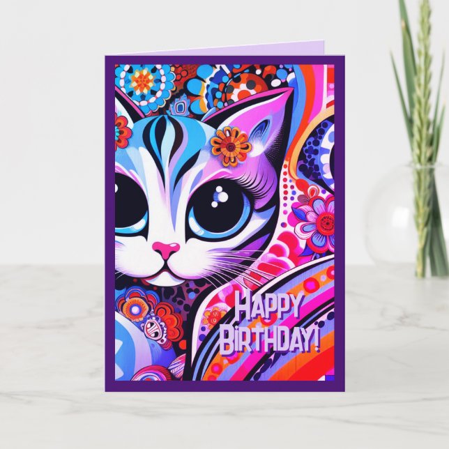 Mexican Folk Art Abstract Kitty Cat Birthday Card (Front)