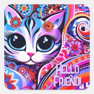 Mexican Folk Art Abstract Kitty Cat Birthday Square Sticker