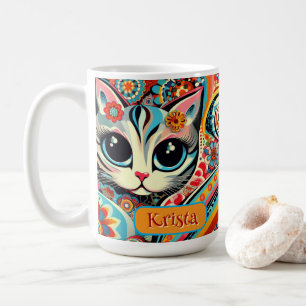 Mexican Folk Art Abstract Kitty Cat Personalised Coffee Mug