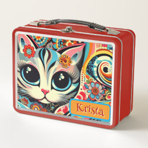 Mexican Folk Art Abstract Kitty Cat Personalised Metal Lunch Box
