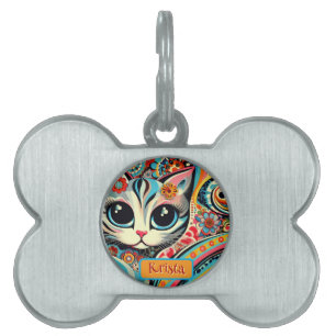 Mexican Folk Art Abstract Kitty Cat Personalised Pet ID Tag