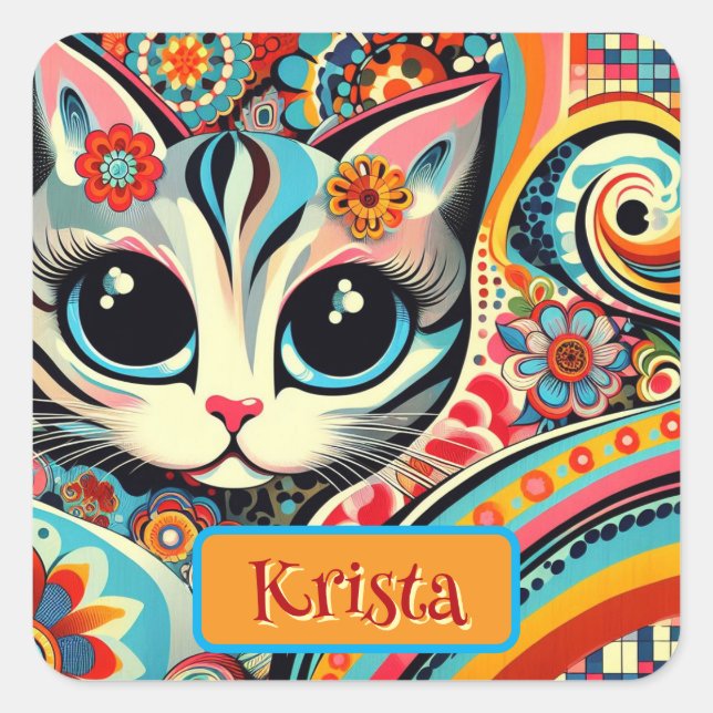 Mexican Folk Art Abstract Kitty Cat Personalised Square Sticker (Front)