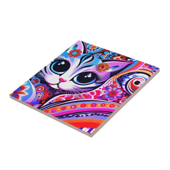Mexican Folk Art Abstract Kitty Cat Talavera Style Ceramic Tile (Side)