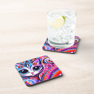 Mexican Folk Art Abstract Kitty Cat Talavera Style Coaster