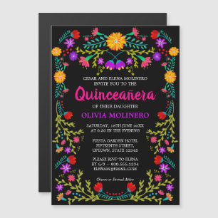 Mexican Folk Art Black Colourful Floral Quinceaner Magnetic Invitation