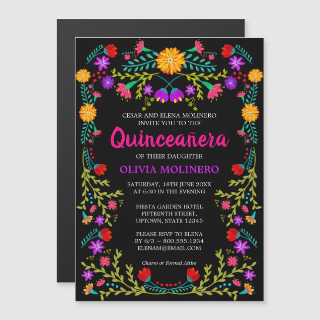 Mexican Folk Art Black Colourful Floral Quinceaner Magnetic Invitation (Front/Back)
