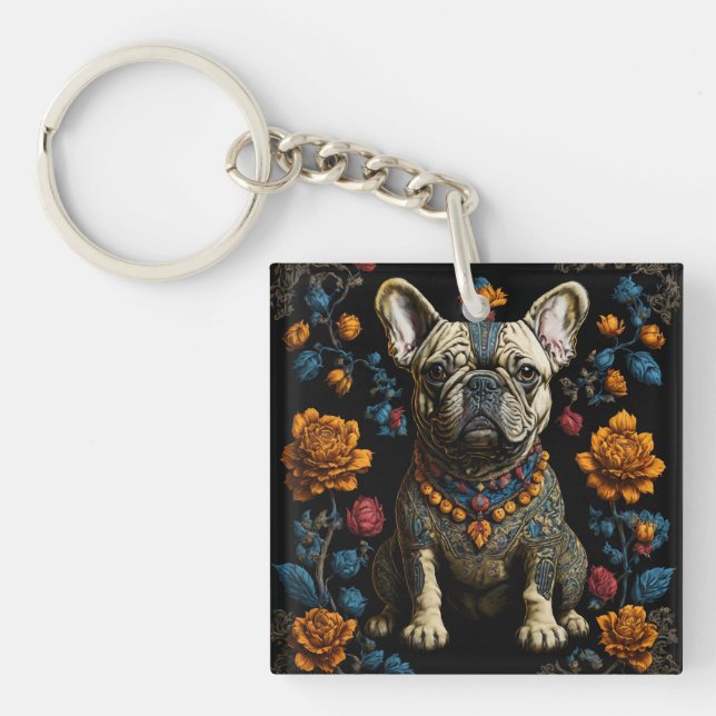 Mexican Folk Art French Bulldog Key Ring (Front)