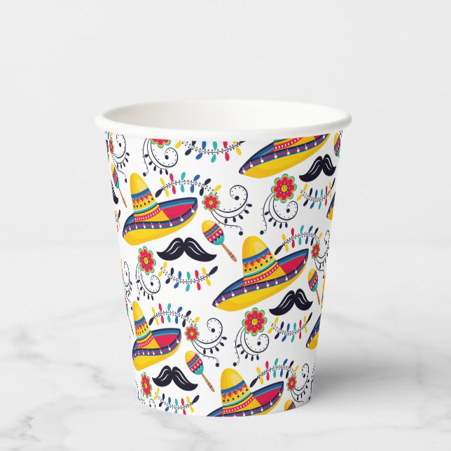 Mexican Folk Art Pattern Sombreros, Moustaches Paper Cups (Front)