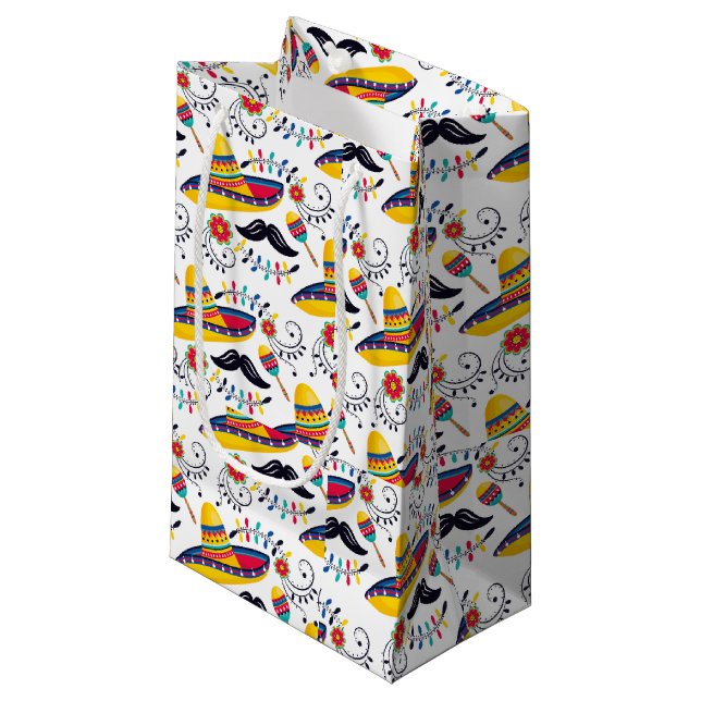 Mexican Folk Art Pattern Sombreros, Moustaches Small Gift Bag (Front Angled)