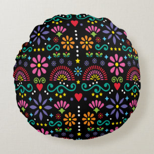 Mexican folk art seamless pattern, colourful desig round cushion
