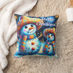 Mexican Folk Art Snowmen Snowman Snow People Cushion