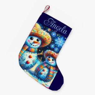 Mexican Folk Art Snowmen Snowman Snow People Small Christmas Stocking