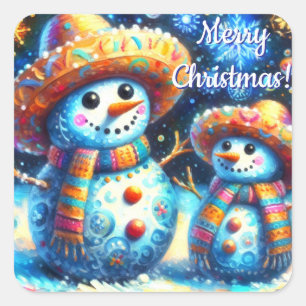 Mexican Folk Art Snowmen Snowman Snow People Square Sticker