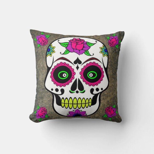 Mexican Folk Art Sugar Skull Throw Pillow (Front)