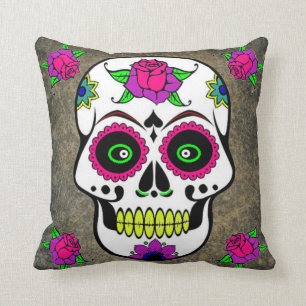 Mexican Folk Art Sugar Skull Throw Pillow