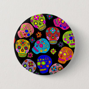 Mexican Folk Art Sugar Skulls 6 Cm Round Badge