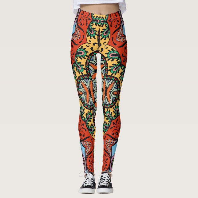 Mexican folk ethnic colourful seamless pattern  leggings (Front)