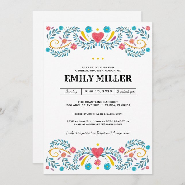 Mexican Folk Floral Embroidery Bridal Shower Invitation (Front/Back)