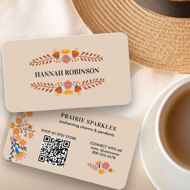Mexican Folk Flowers Earthy QR Code Business Card (Mexican Folk Flowers QR Code Business Card for retail or service)