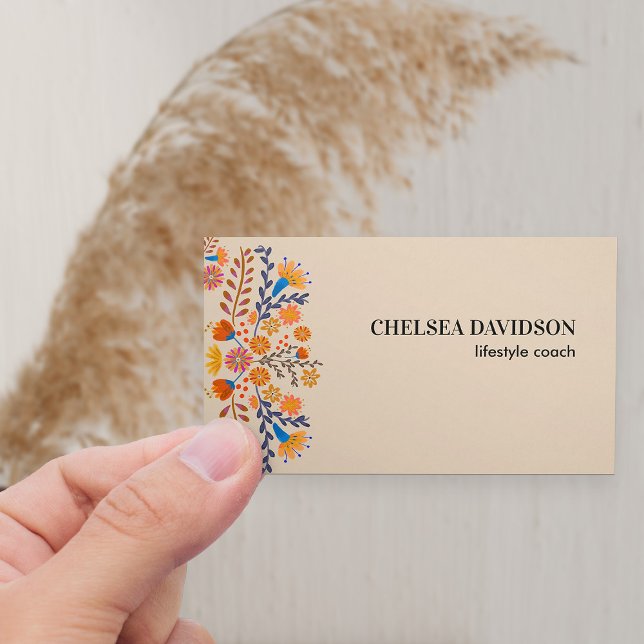 Mexican Folk Flowers Earthy Tan Business Card (Neutral boho floral business card in warm earthy tan with mexican folk flowers)